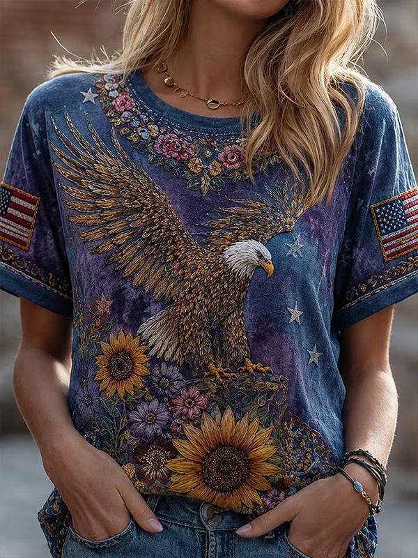 Women's Boho American Flag Eagle Tie-Dye Floral And Sunflower Art Print Casual T-Shirt