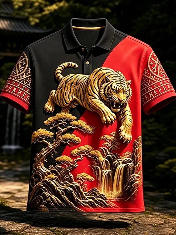 Men's Golden Tiger Jumping Over Waterfall Printed Short Sleeve Polo Shirt