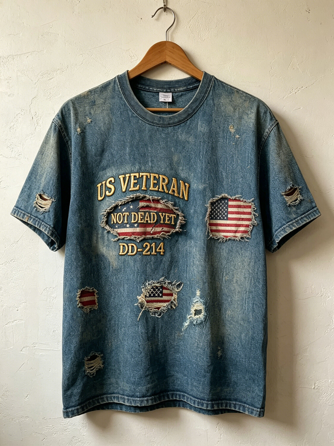 Men's US Veteran Distressed DD-214 USA Flag Patch Print T-Shirt