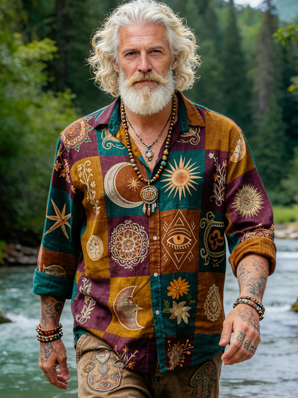Men's Boho Hippie Symbolism Art Print Long Sleeve Shirt