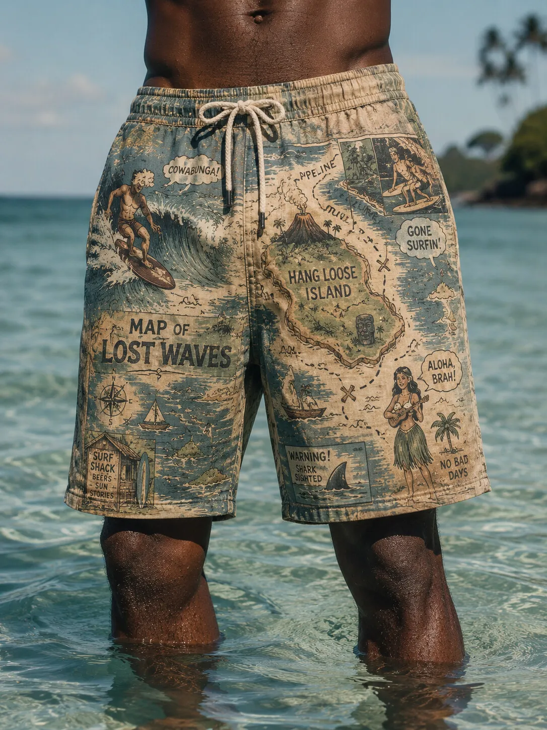 Men's Vintage Comic Island Surfing Map Art Print Casual Shorts