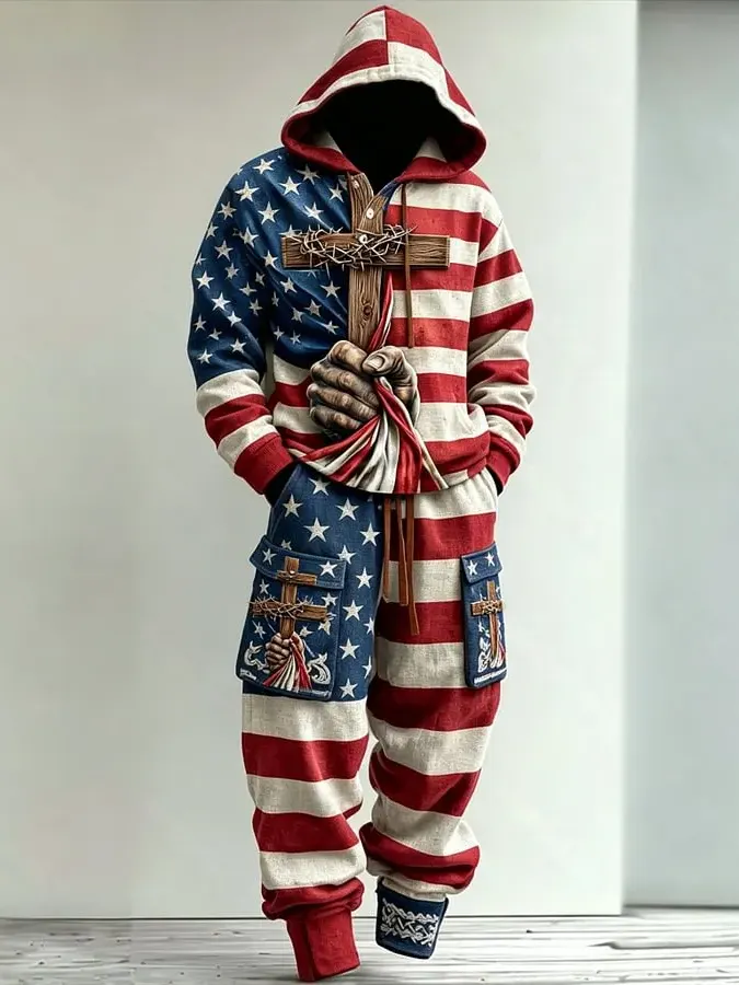 Men's Retro USA Flag Thorn Crown Cross Print Hooded Sweatshirt Pants 2pcs Set