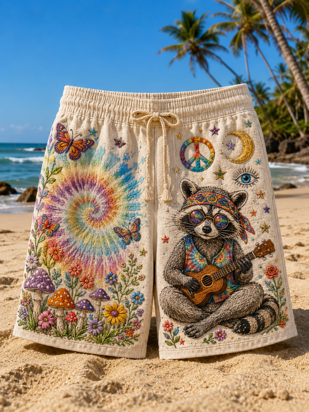 Men's Raccoon Playing Guitar Sun Moon Tie-Dye Hippie Art Print Casual Shorts