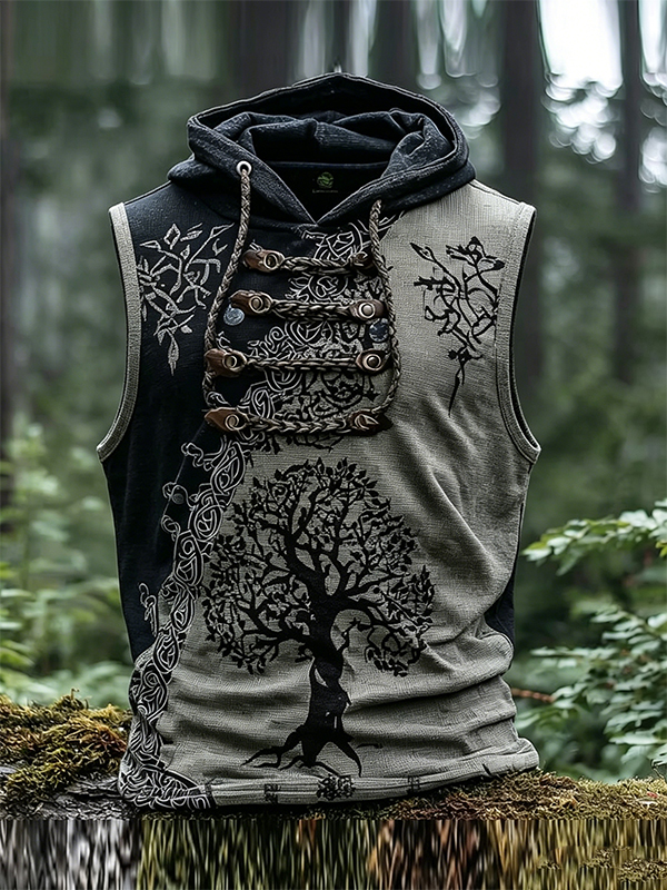 Men's Viking Tree Of Life Celtic Art Print Hooded Tank Top