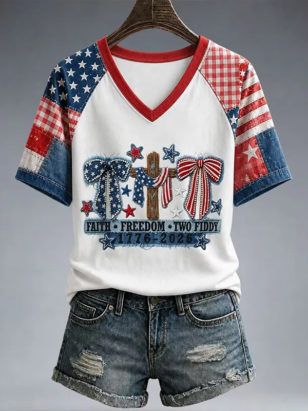 Women's American Flag Bow Cross Print Casual V Neck T-Shirt