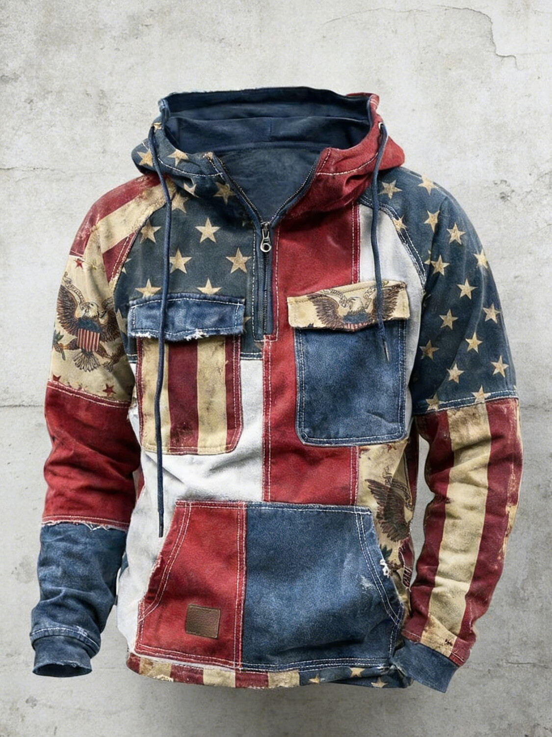 Men's American Flag Eagle Art Print Half Zip Three Pockets Hoodie