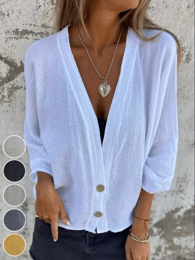 Women's Casual Loose V-Neck Button-Down Cotton And Linen Shirt