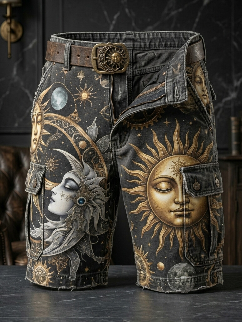 Men's Mystical Sun And Moon Dark Hippie Art Print Casual Shorts