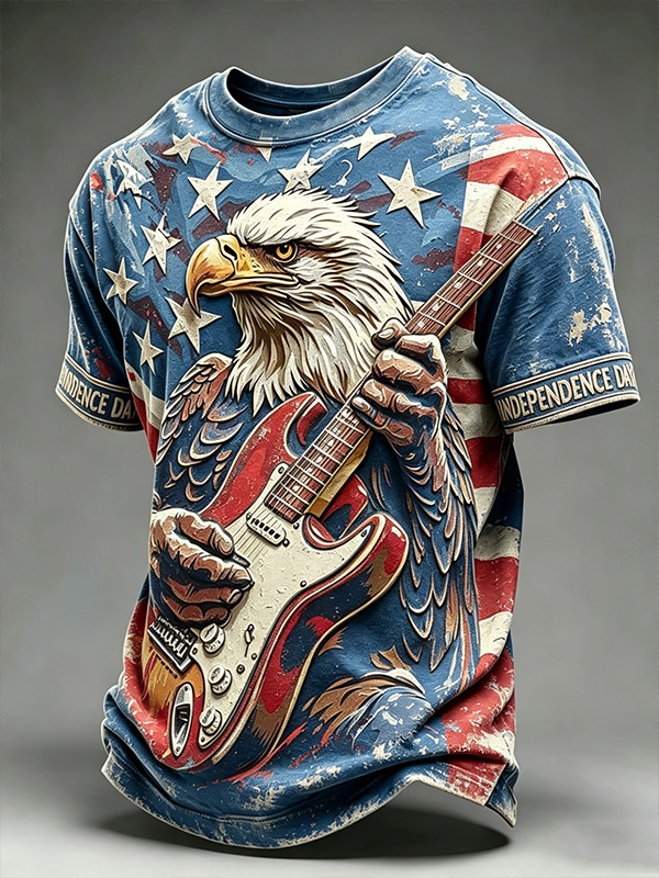 Men's USA Eagle Playing Guitar Vintage Print T-Shirt