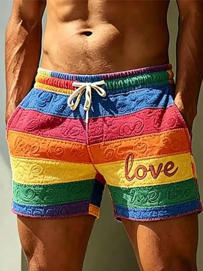 Men's Rainbow Striped Love Print Casual Shorts