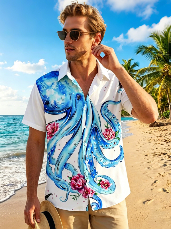 Men's Watercolor Blue Octopus Floral Hawaiian Art Print Shirt