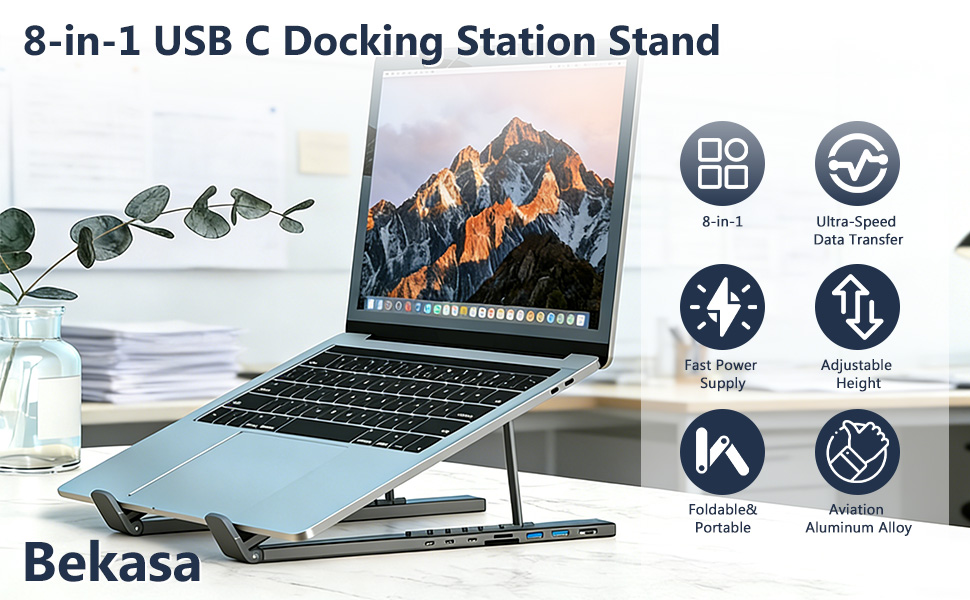 Text reads '8-in-1 USB C Docking Station Stand' and 'Bekasa'. Product image shows laptop stand with multiple icons indicating various ports and connectivity options.