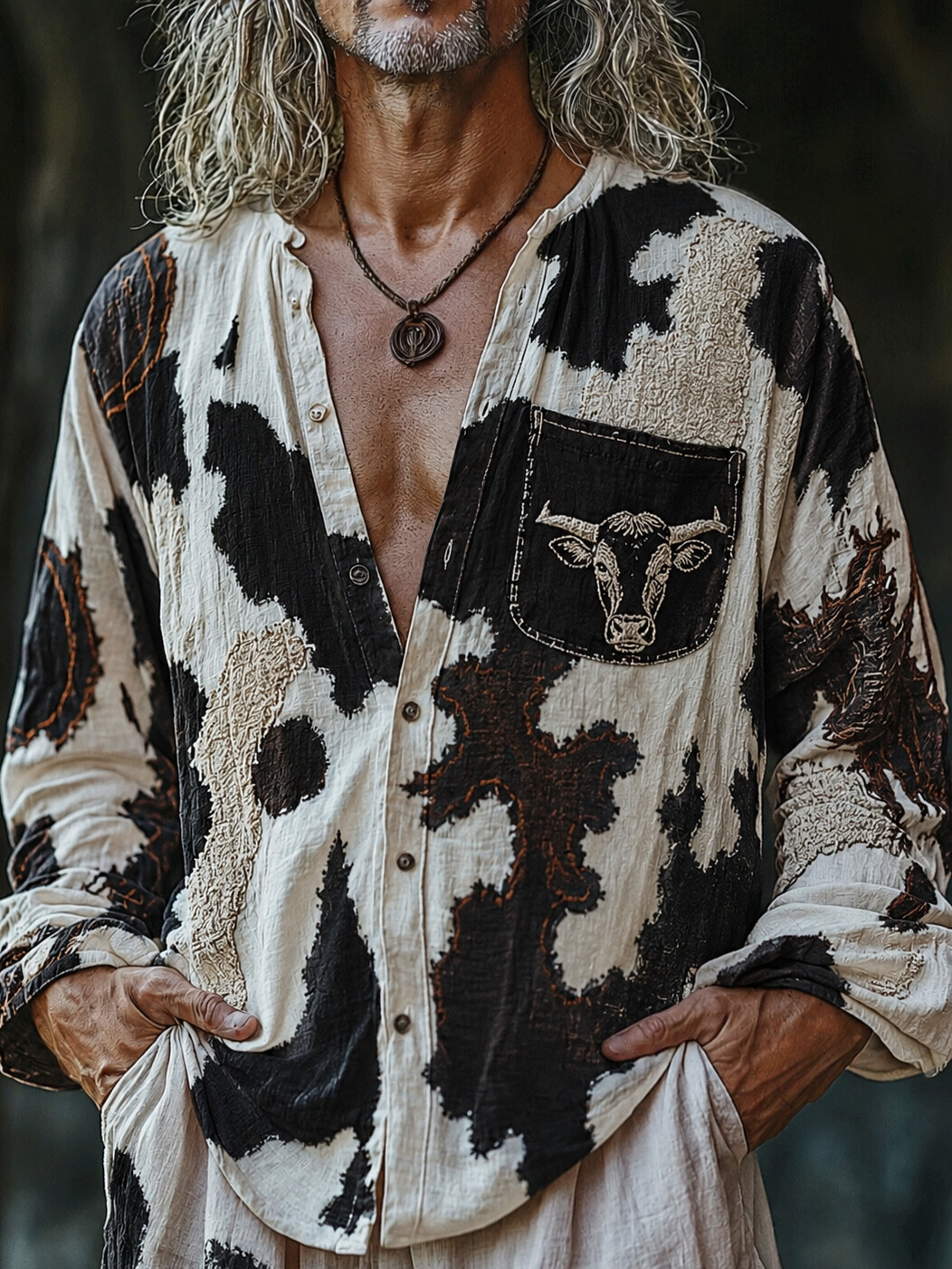 Men's Vintage Cow Patchwork Art Print Long Sleeve Shirt