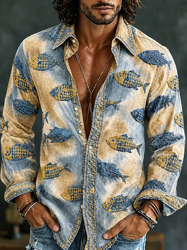 Men's Geometric Art Fish Ombre Print Long Sleeve Shirt
