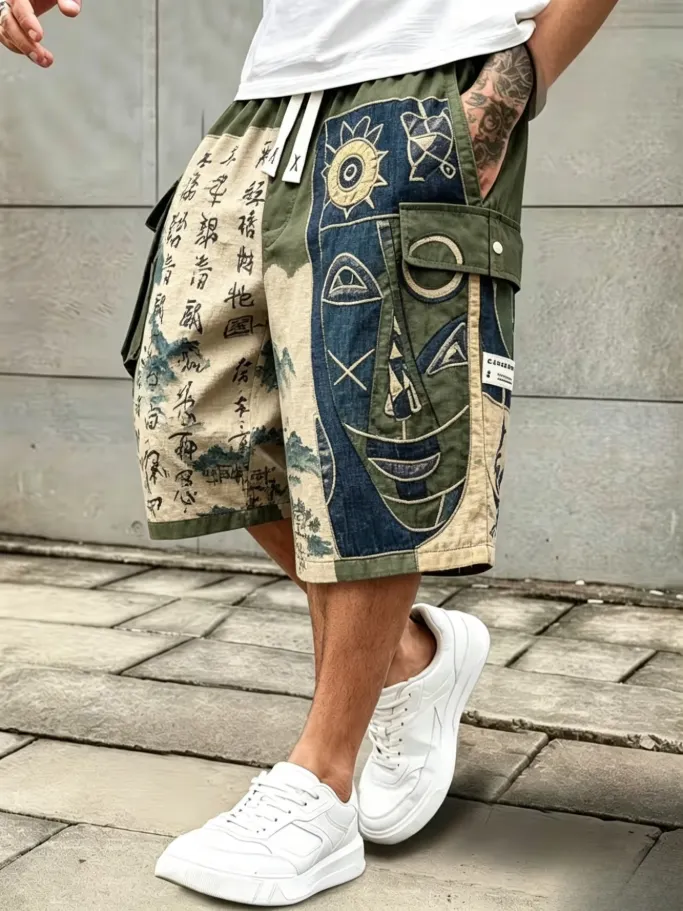 Men's Geometric Masks Ink And Wash Calligraphy Japanese Art Print Drawstring Waist Shorts