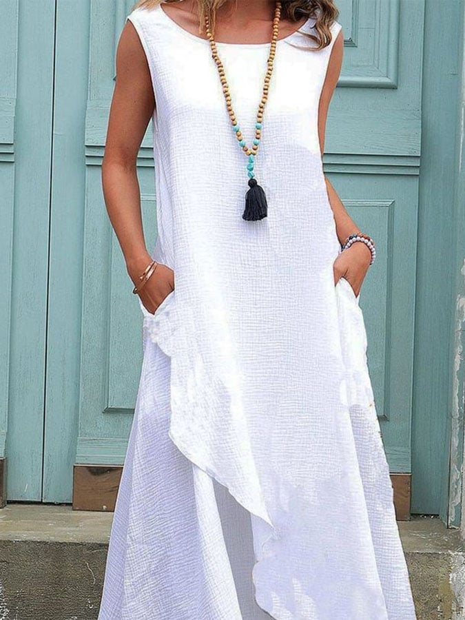 Women's Casual Solid Color Round Neck Pocket Vest Dress