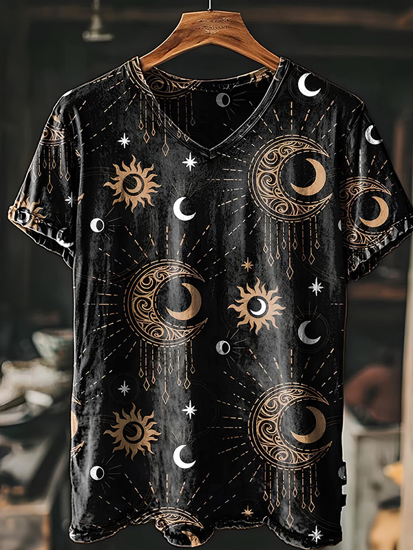 Men's Hippie Art Mysterious Sun Moon Print Casual V Neck T-Shirt