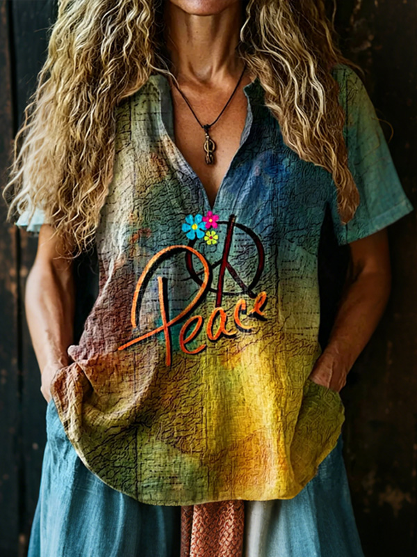 Women's Peace Sign Tie-Dye Boho Floral Print V Neck T-Shirt