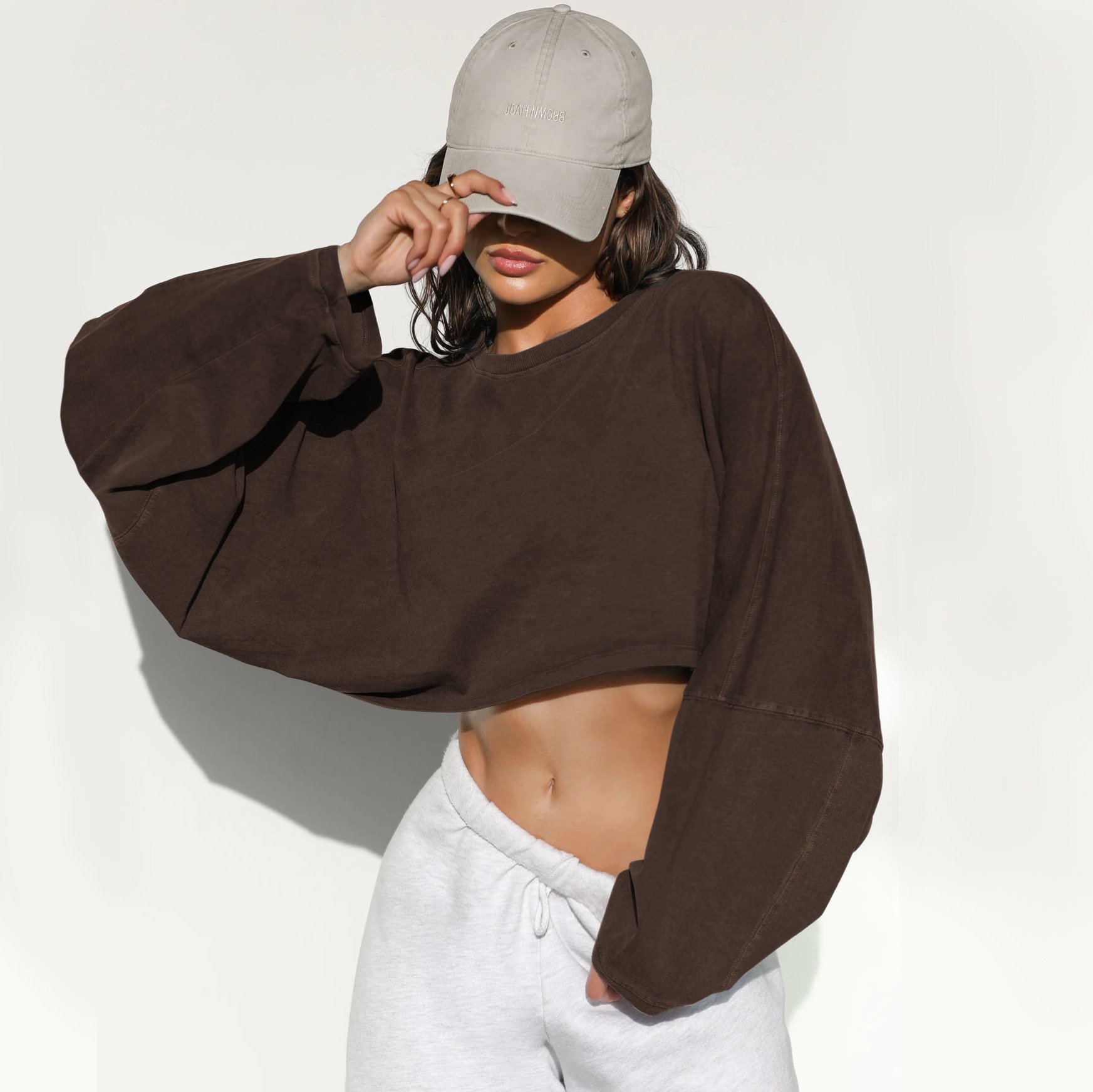 🔥LAST DAY 49% OFF - Women Long Sleeve Cropped Sweatshirt Oversized Crew Neck Workout Tops