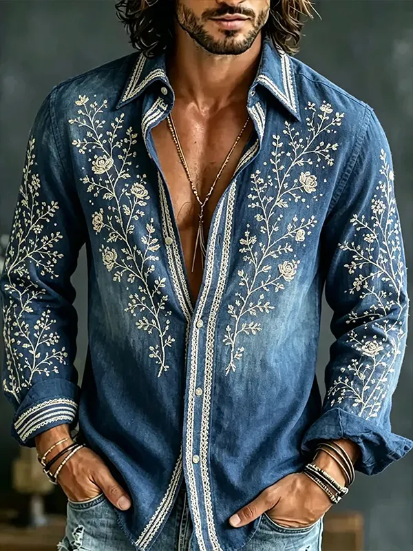 Men's Vintage Boho Flowers Plants Print Long Sleeve Shirt