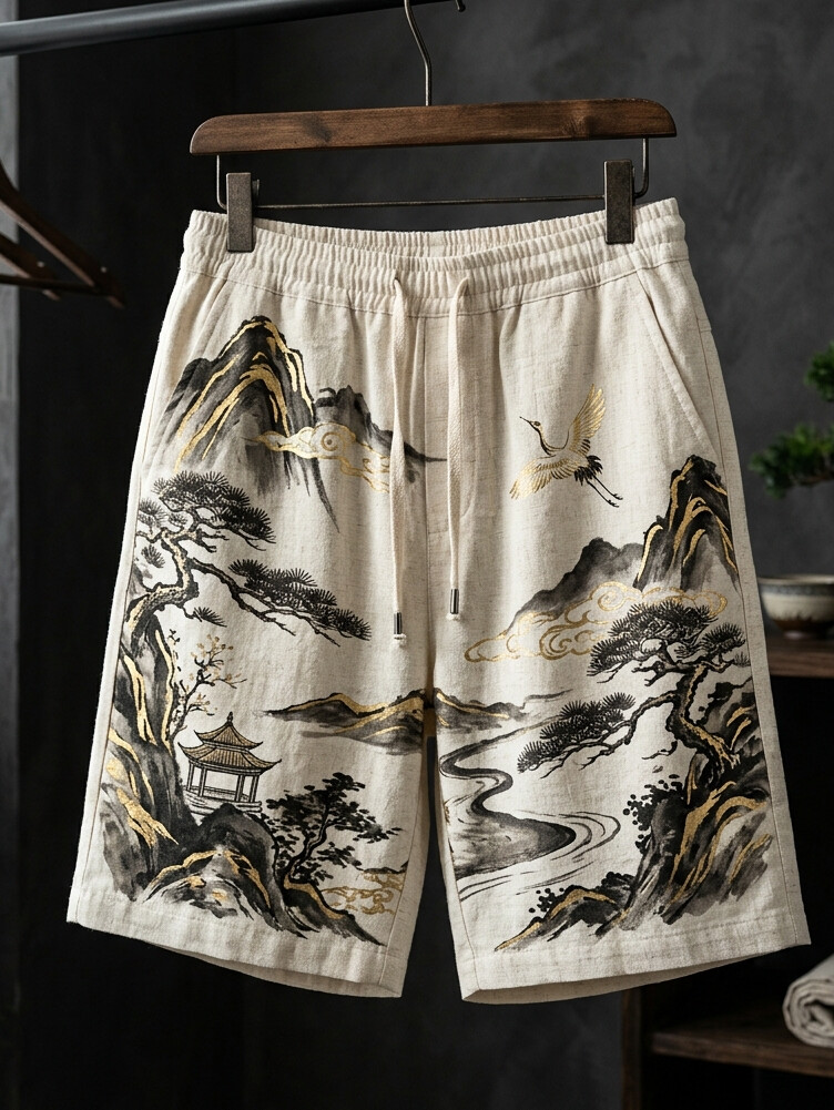 Men's Retro Japanese Landscape Art Print Casual Shorts