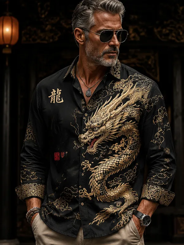 Men's Retro Calligraphy Dragon Japanese Art Print Long Sleeve Shirt