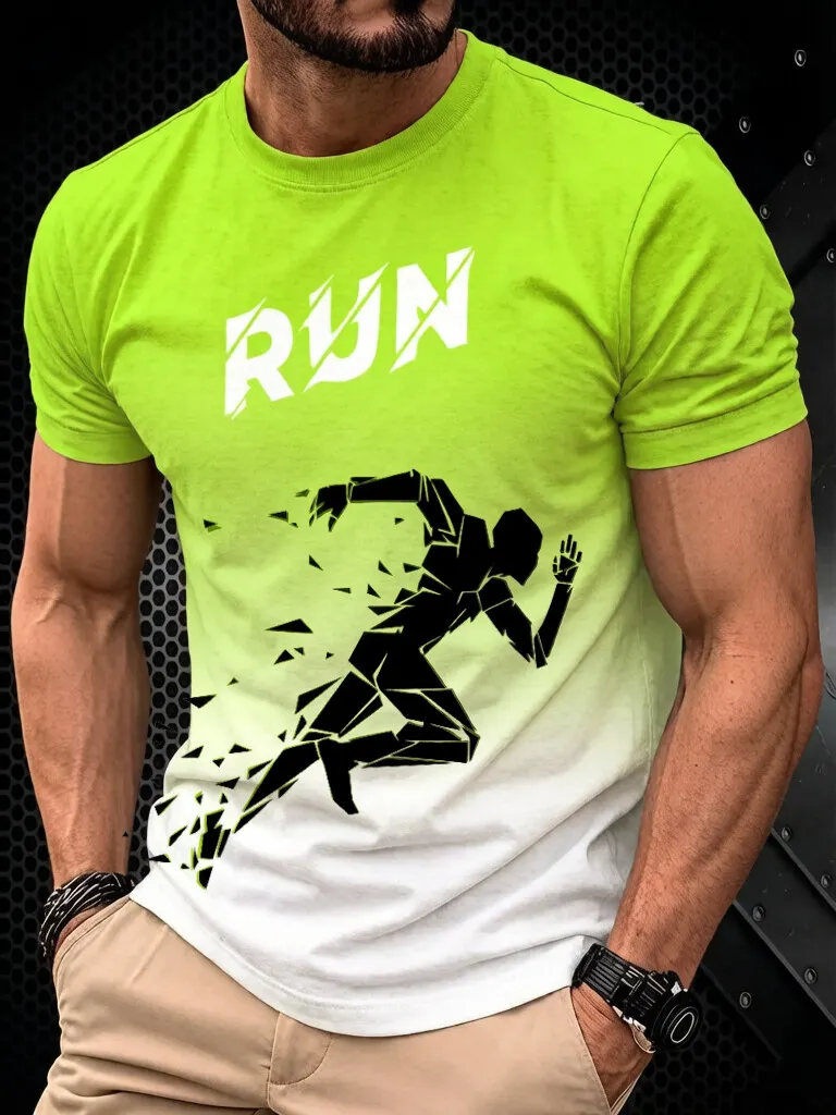 Men's Neon Green Ombre RUN Geometric Runner Print Casual T-Shirt