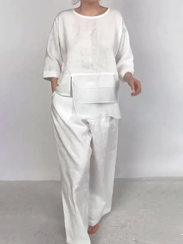Women's Casual Button Decorated Cotton And Linen Two-Piece Set