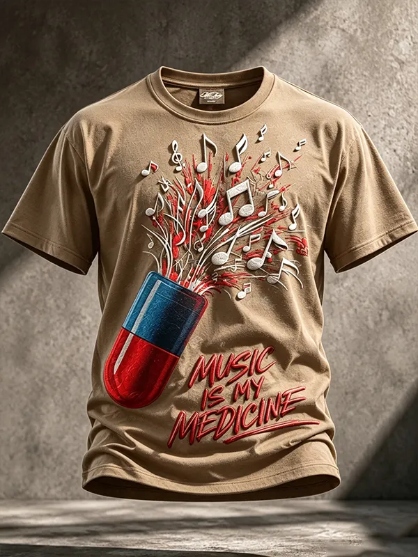 Men's Music is My Medicine Print Cotton Casual T-Shirt