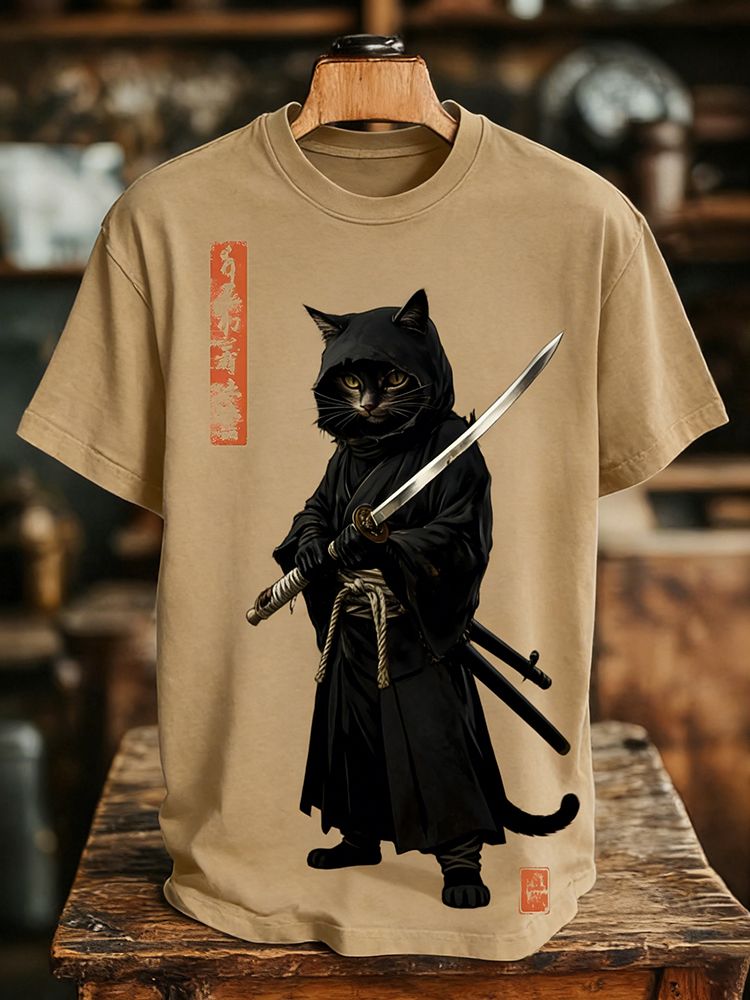 Men's Samurai Black Cat Print Cotton Casual T-Shirt