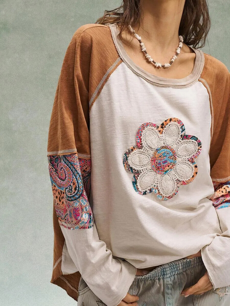 Women's Boho Floral Crochet Patchwork Print Long Sleeve T-Shirt