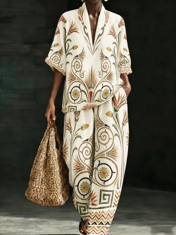 Women's Retro Ethnic Floral Art Print Deep V Neck Half Sleeve T-Shirt Wide Leg Pants Matching Set