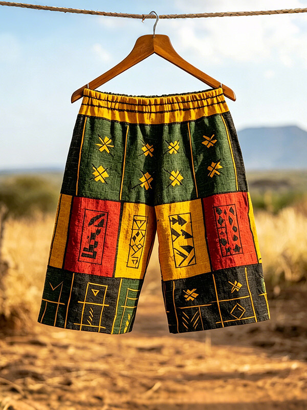 Men's Retro Ethnic Style Geometric Pattern Colorblock Print Casual Shorts