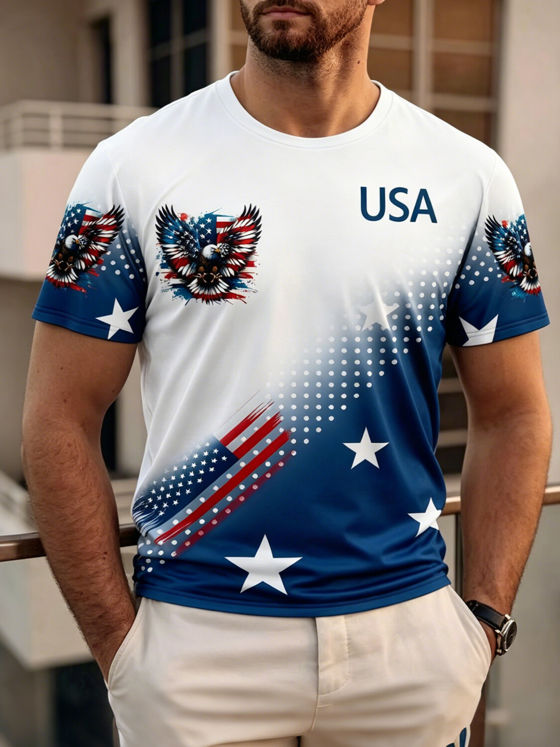 Men's American Bald Eagle Stars and Stripes Flag Print Casual T-Shirt
