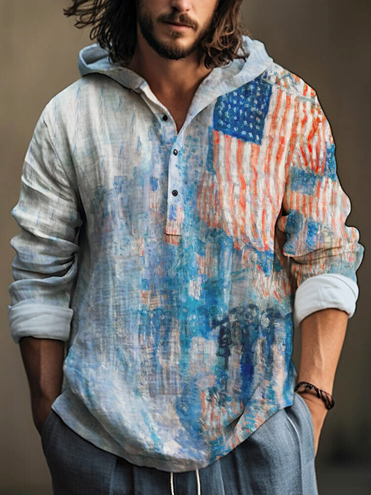 Men's Independence Day Watercolor American Flag Print Half Button Hoodie
