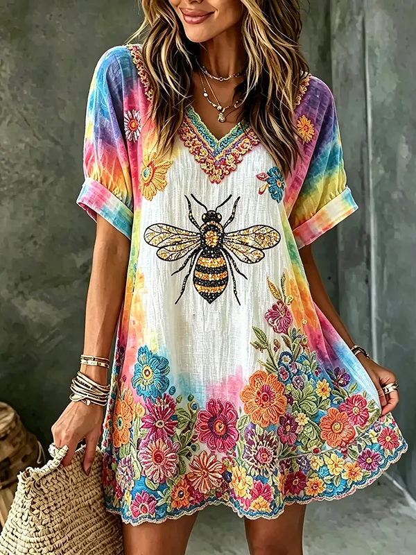 Women's Bees And Boho Flowers Print Short Sleeve V Neck Mini Dress