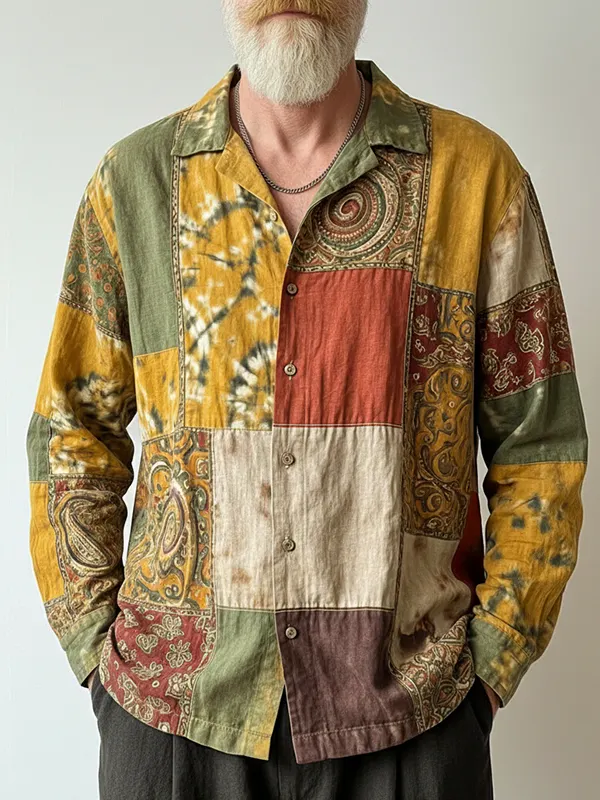 Men's Paisley Tie Dye Boho Art Print Long Sleeve Shirt