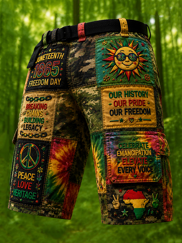 Men's Juneteenth Camo Patchwork Freedom Art Print Casual Shorts