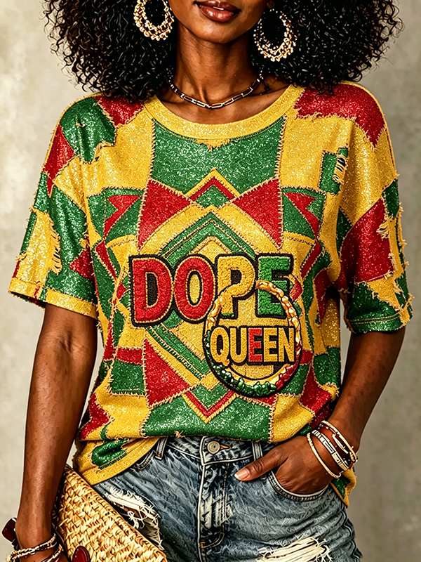 Women's Rasta Colors DOPE QUEEN Patchwork Art Print Casual T-Shirt