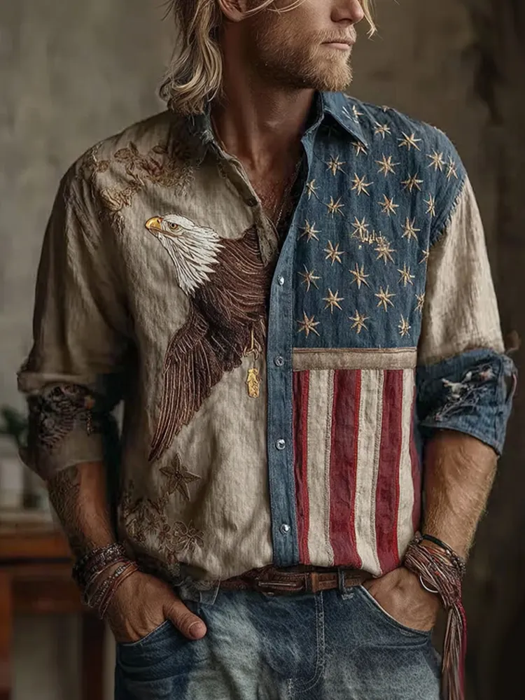 Men's Vintage Patchwork USA Flag Bald Eagle Art Print Long Sleeve Shirt