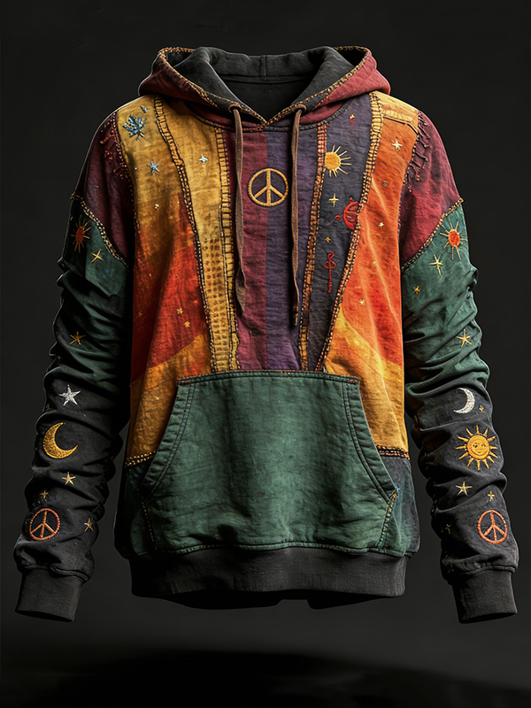 Men's Vintage Patchwork Peace Sign Sun Moon Star Art Print Pocket Hoodie
