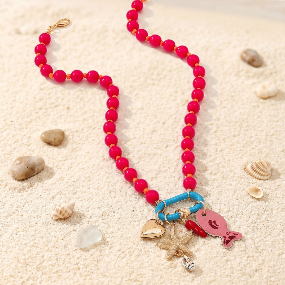 🌈✨3pc Summer Layered Beaded Dopamine Necklace Set 🦀Colorful Fish and Starfish Charms🐠