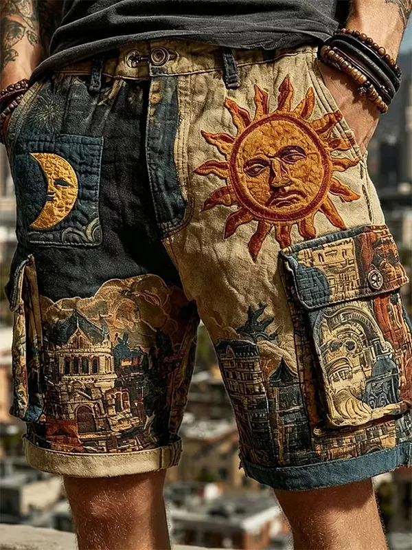 Men's Sun and Moon Patchwork Mythological Print Cargo Shorts