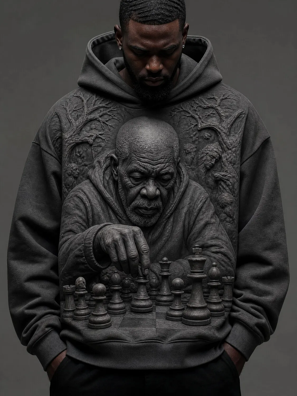Men's 3D Embossed Chess Old Man Tree Texture Art Print Hoodie