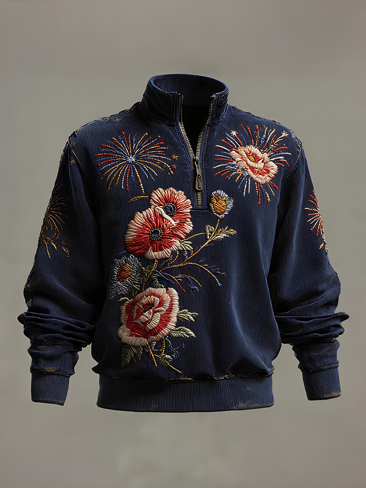 Men's Independence Day Firework Floral Print Casual Quarter Zip Sweatshirt