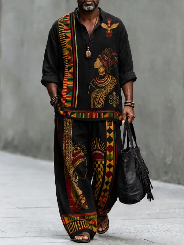 Men's African Tribal Portrait Geometric Striped Print Half Button Long Sleeve Shirt Pants 2pcs Set
