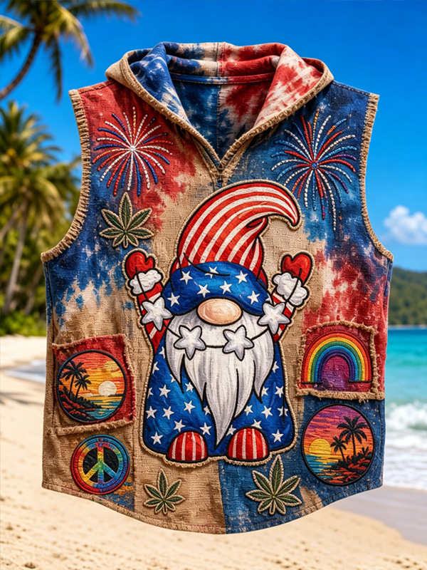 Men's 4th Of July Gnome Patchwork Tie-Dye Art Print Hooded Tank Top