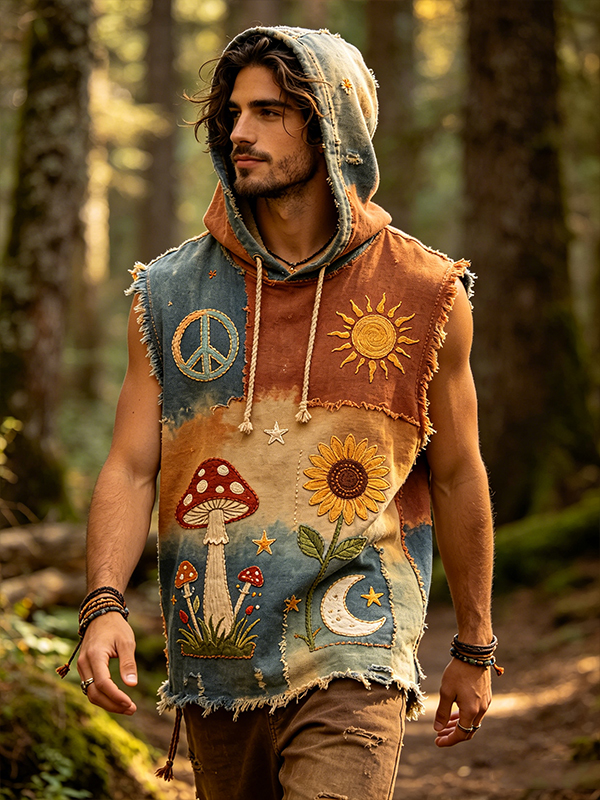 Men's Hippie Sun Moon Mushroom Tie-Dye Art Print Workout Hooded Tank Top