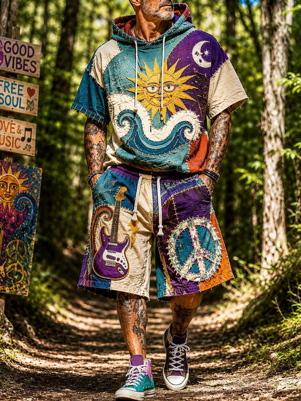 Men's Hippie Patchwork Sun Wave Guitar Peace Sign Art Print Hooded T-Shirt Shorts 2pcs Set