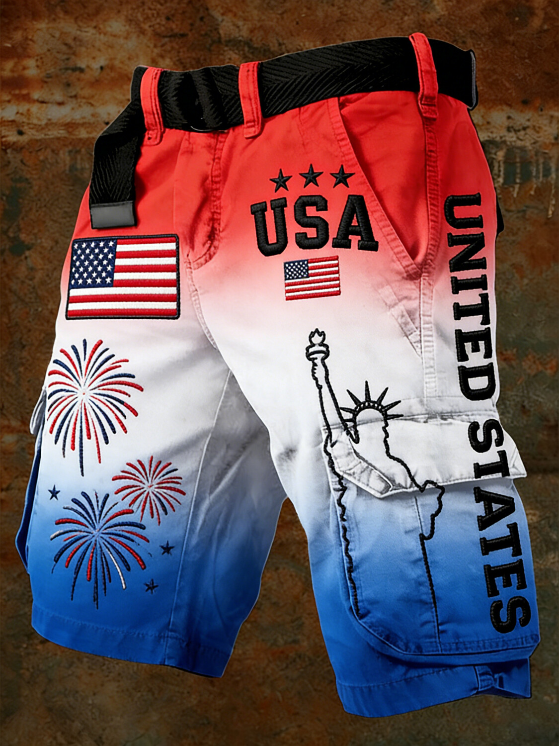 Men's United States Firework Statue of Liberty Print Denim-Like Cargo Shorts